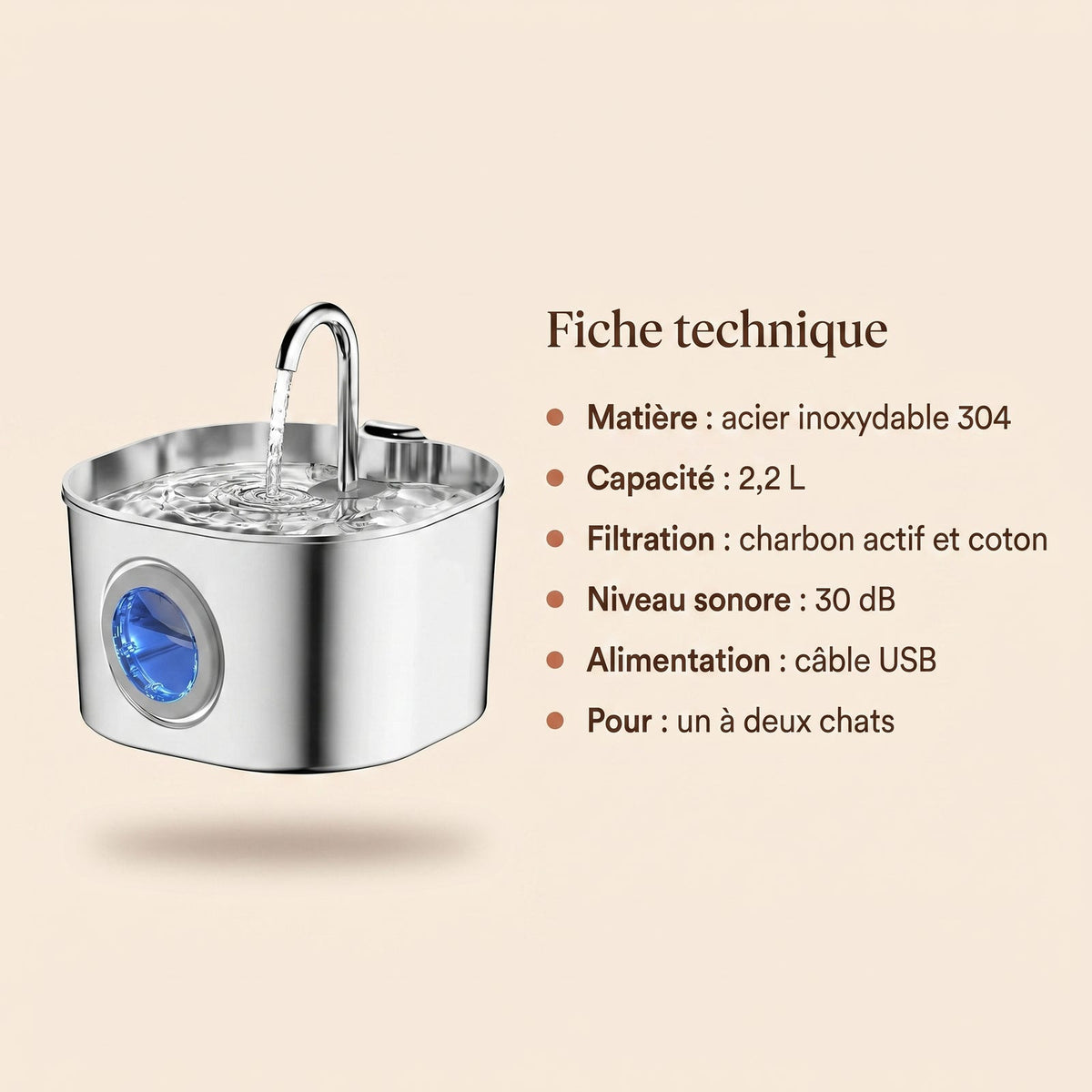 Fiche technique de la fontaine à eau chat en inox 2,2 L