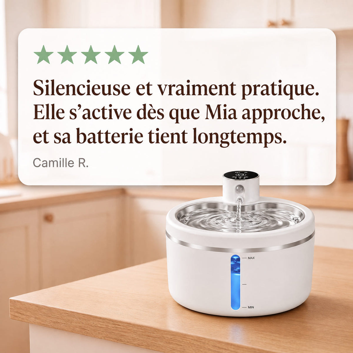 Avis client cinq étoiles sur la fontaine à eau pour chat sans fil