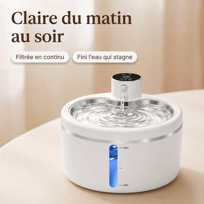 Fontaine à eau pour chat en fonctionnement, eau filtrée en circulation continue