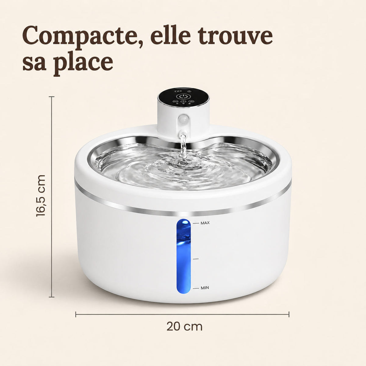 Dimensions de la fontaine à eau pour chat, 20 cm de largeur et 16,5 cm de hauteur