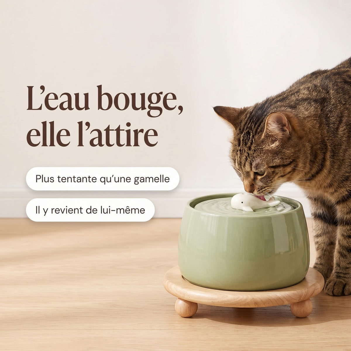 L'eau bouge, elle l'attire : chat buvant à la fontaine céramique Le Socle
