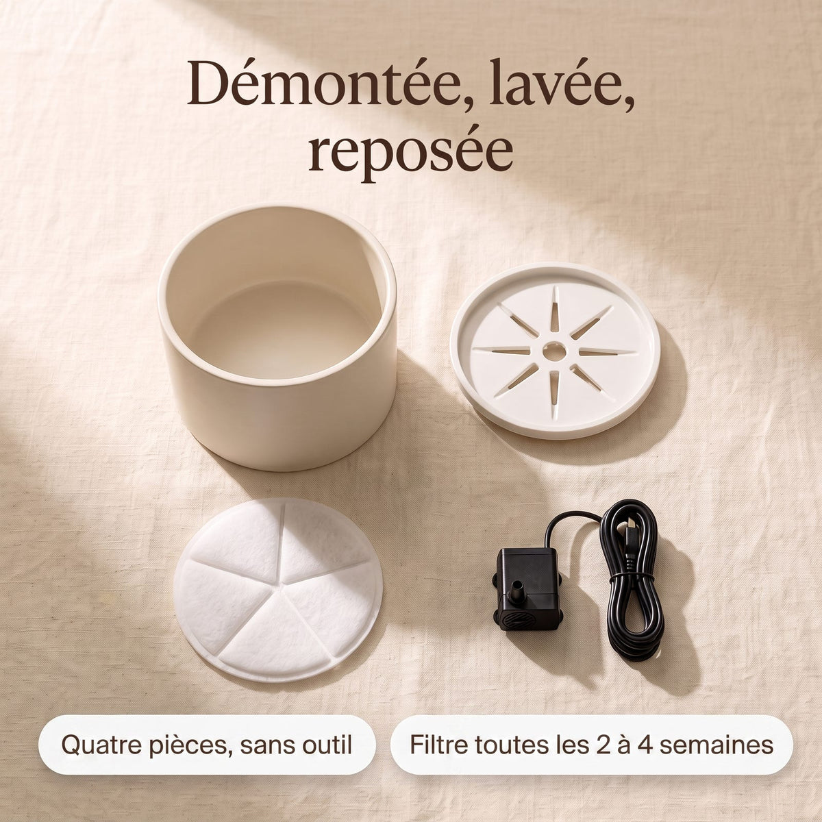 Démontée, lavée, reposée : cuve, plateau, filtre coton et pompe de La Ronde