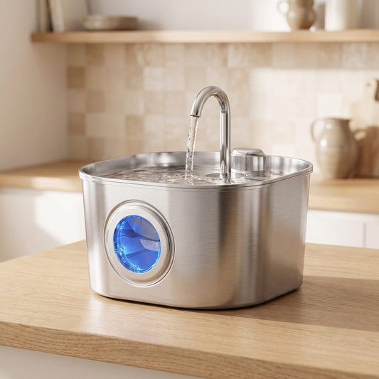 Fontaine à eau chat en inox 2,2 L à bec robinet, sur un plan de travail en chêne