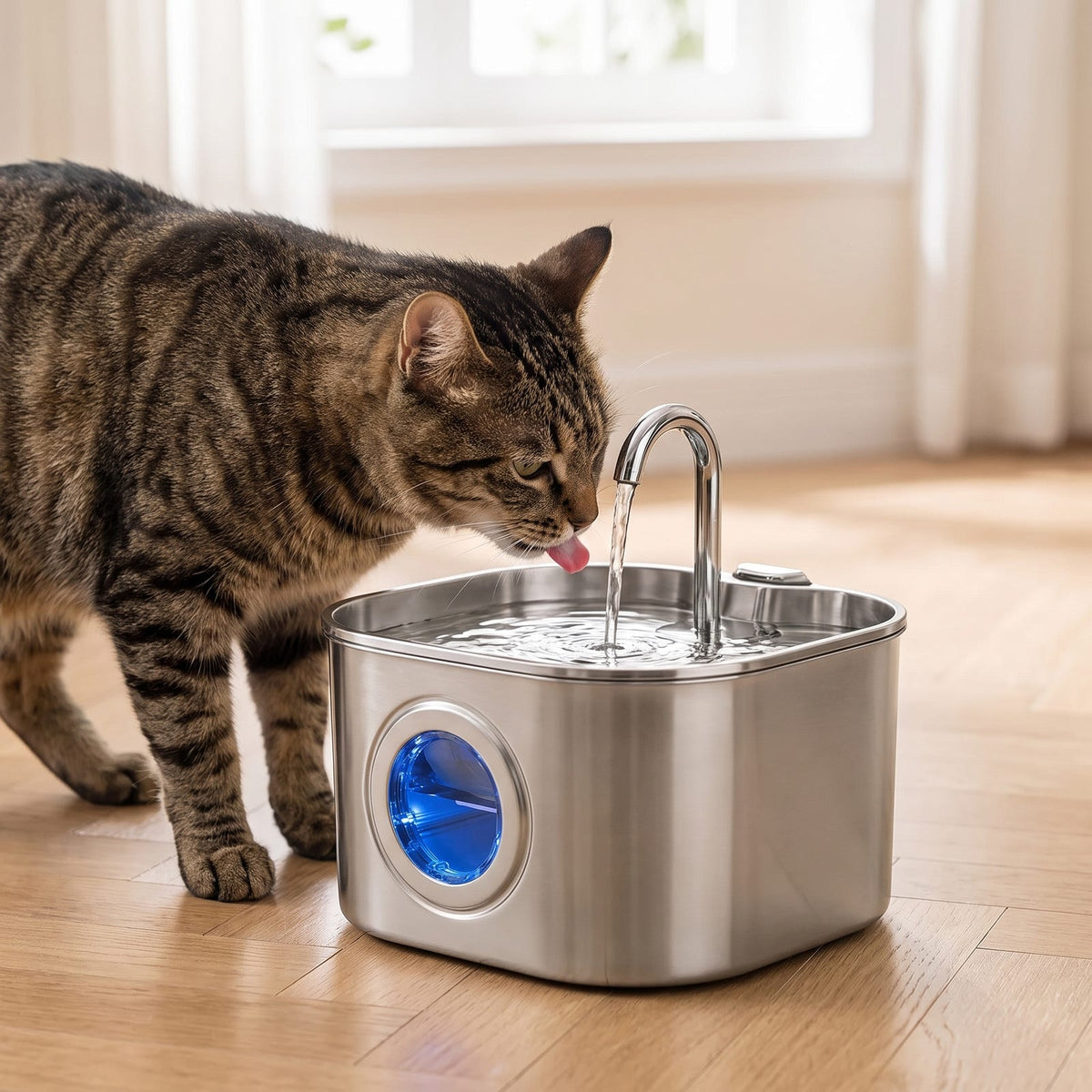 Chat tigré buvant à la fontaine inox à bec robinet