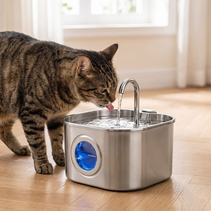 Chat tigré buvant à la fontaine inox à bec robinet