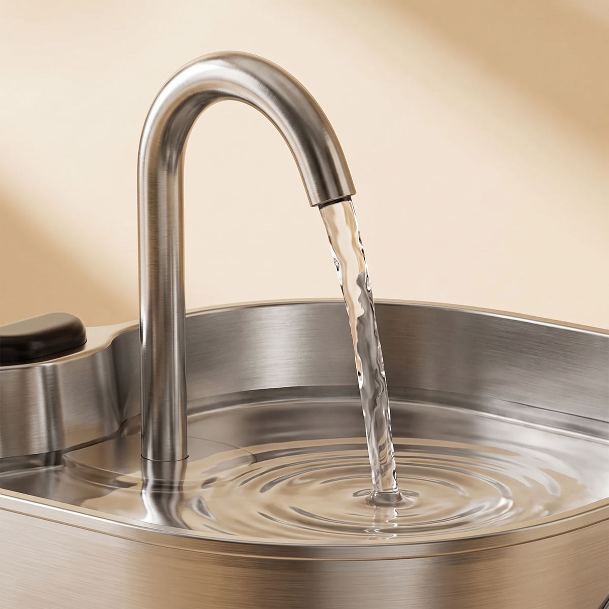 Gros plan sur le filet d'eau du bec robinet en inox