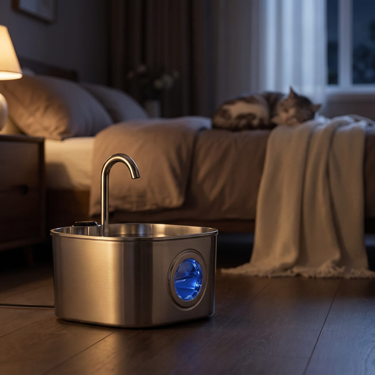 Fontaine inox silencieuse dans une chambre la nuit