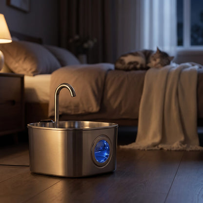 Fontaine inox silencieuse dans une chambre la nuit