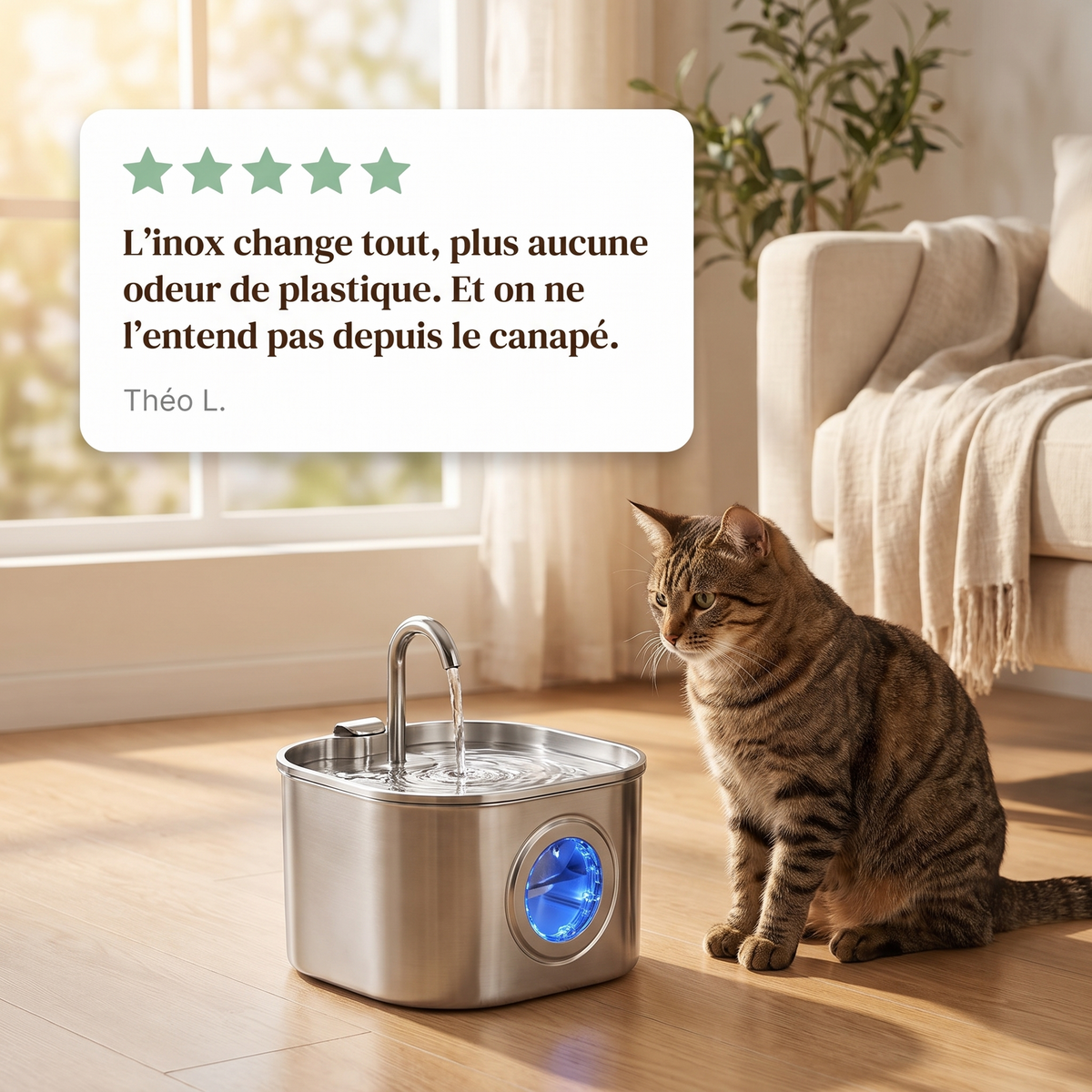 Avis client sur la fontaine à eau chat en inox à bec robinet