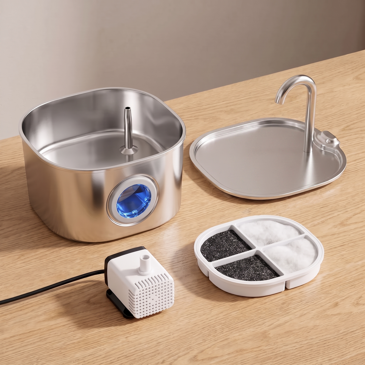 Fontaine inox démontée : cuve, couvercle à bec, pompe et cartouche filtrante
