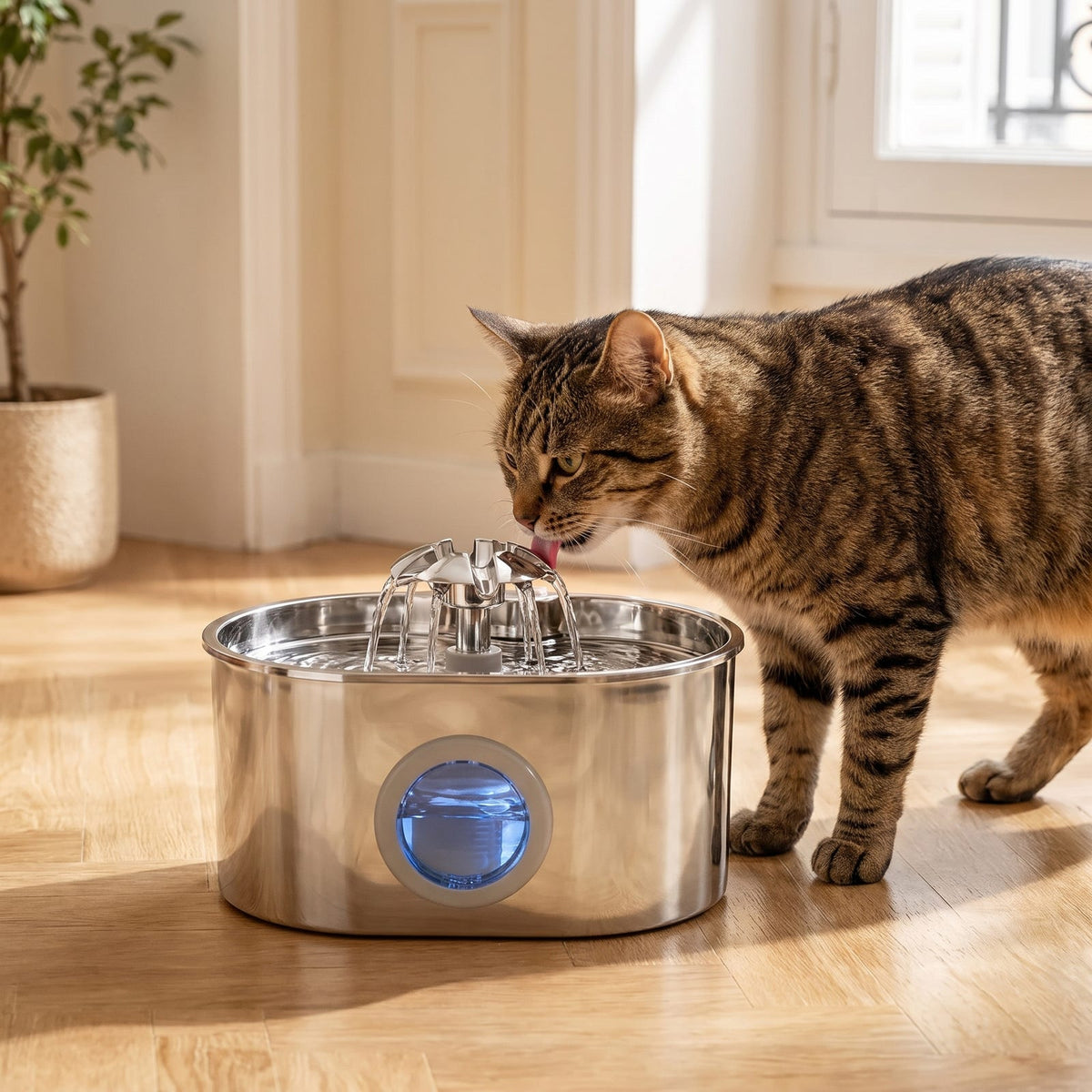 Chat tigré buvant à la fontaine inox ovale à cascade fleur