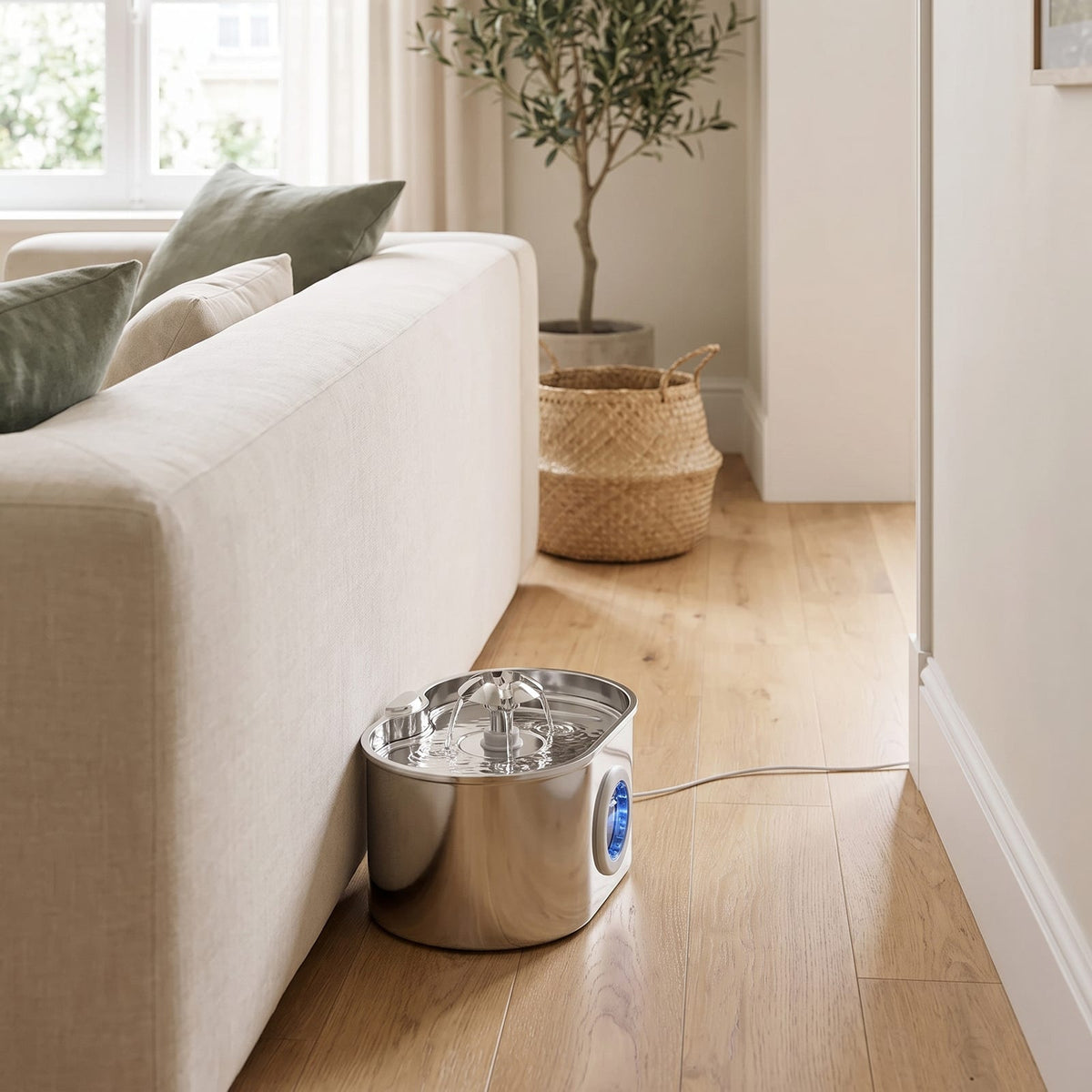 Fontaine inox ovale posée le long d'un canapé dans un salon