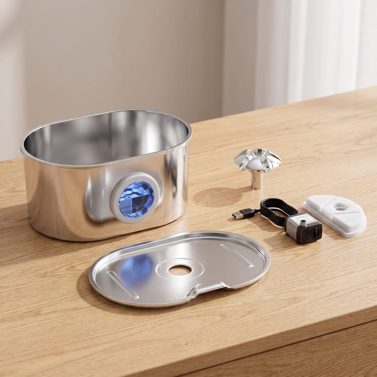 Fontaine inox ovale démontée : cuve, tête fleur, pompe et filtre