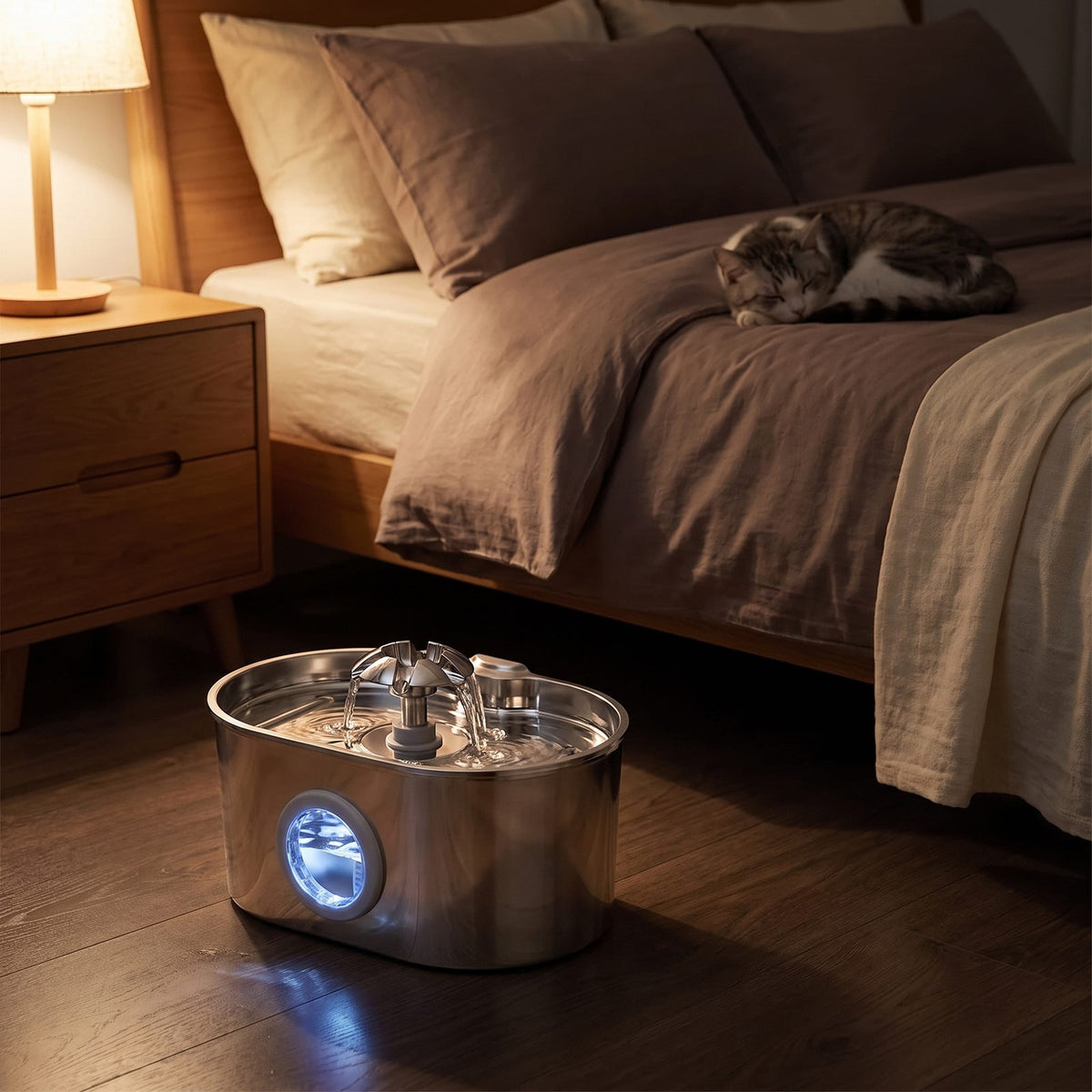 Fontaine inox ovale et son hublot lumineux dans une chambre la nuit