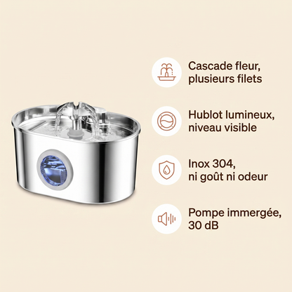 Quatre bénéfices : cascade fleur, hublot lumineux, inox 304, pompe silencieuse