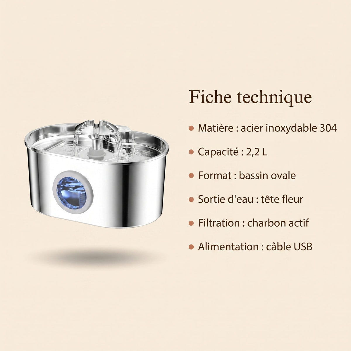 Fiche technique de la fontaine à eau chat en inox ovale 2,2 L