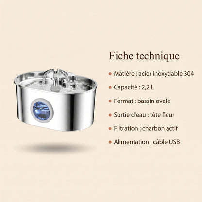 Fiche technique de la fontaine à eau chat en inox ovale 2,2 L