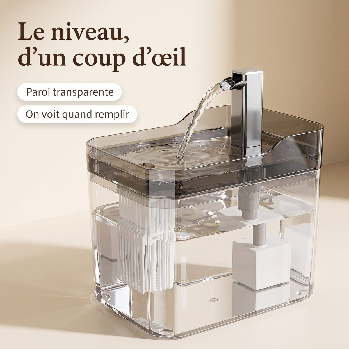 Le niveau d'un coup d'œil : paroi transparente de la fontaine La Claire