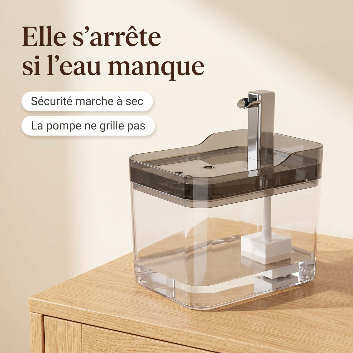 Elle s'arrête si l'eau manque : sécurité marche à sec de la fontaine La Claire