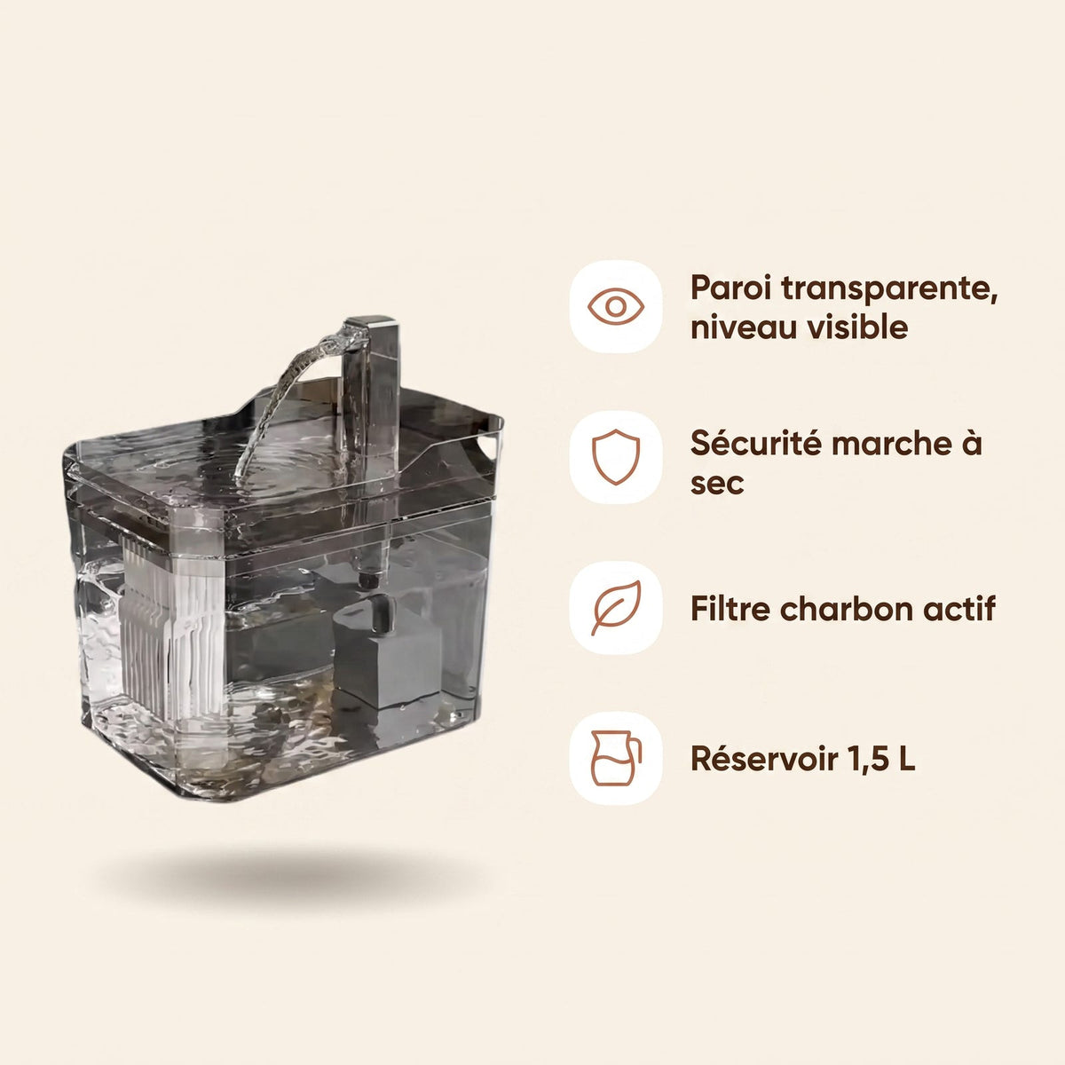 Quatre bénéfices : paroi transparente, sécurité à sec, filtre, 1,5 L