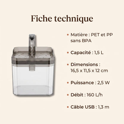 Fiche technique de la fontaine à eau chat La Claire 1,5 L