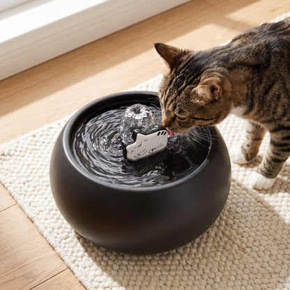 Chat buvant à la fontaine céramique noire, vue en plongée
