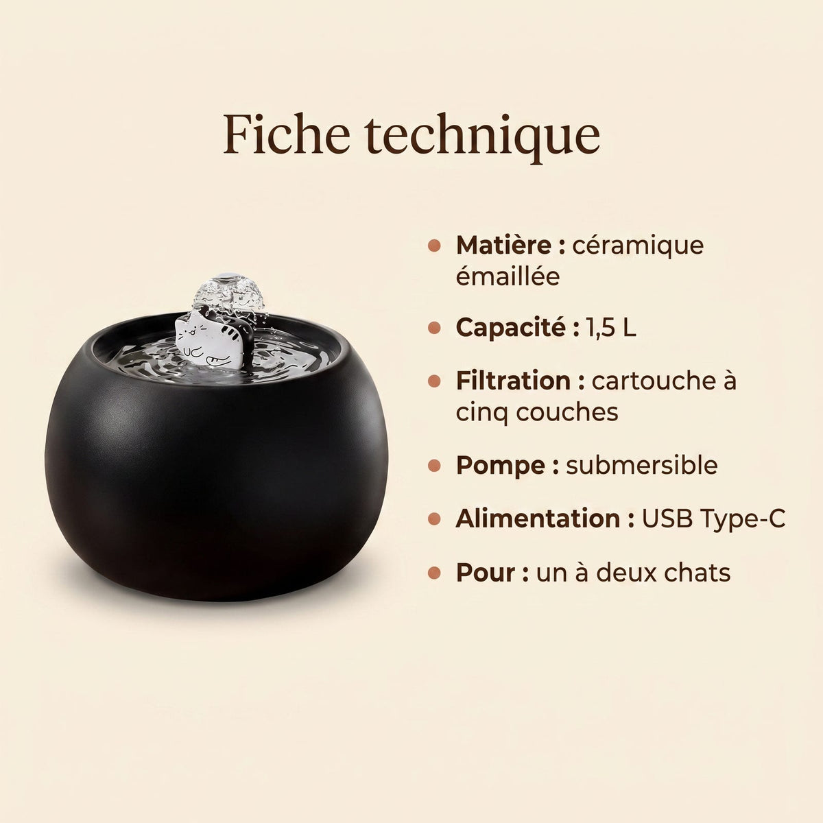 Fiche technique de la fontaine céramique noire 1,5 L