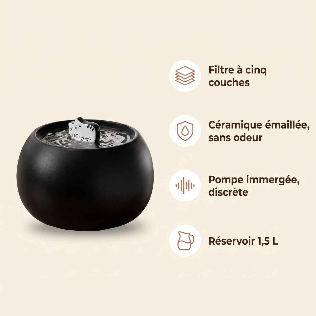 Quatre bénéfices : filtre cinq couches, céramique, pompe discrète, 1,5 L