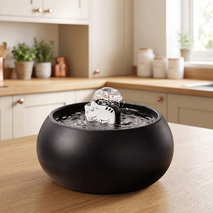 Fontaine à eau chat en céramique noire 1,5 L sur un plan de travail en chêne