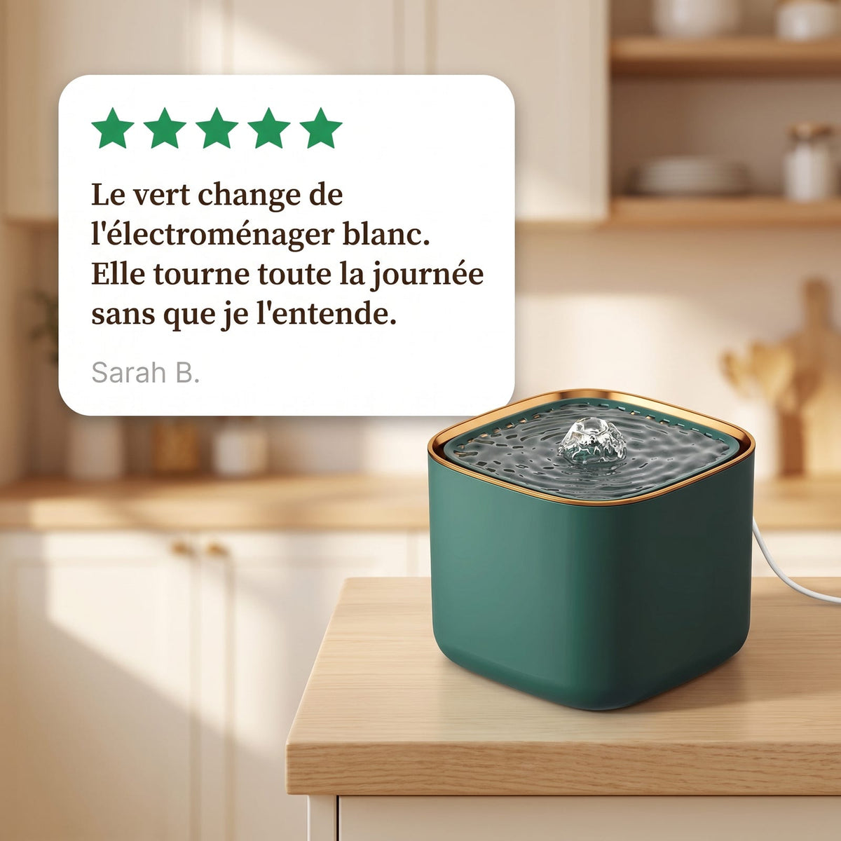 Avis client cinq étoiles sur la fontaine à eau verte 3 L pour chat