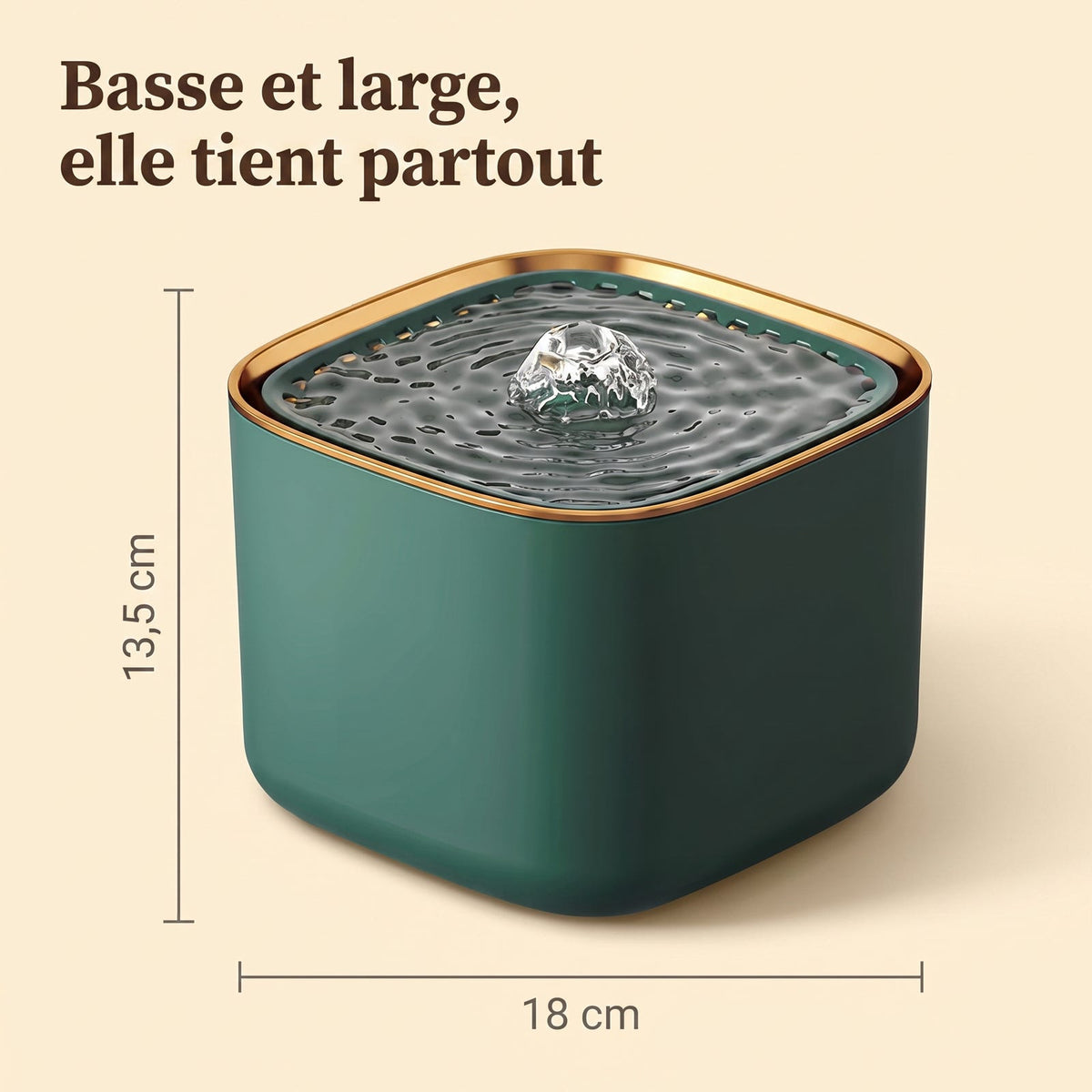 Dimensions de la fontaine à eau pour chat, 18 cm de largeur et 13,5 cm de hauteur