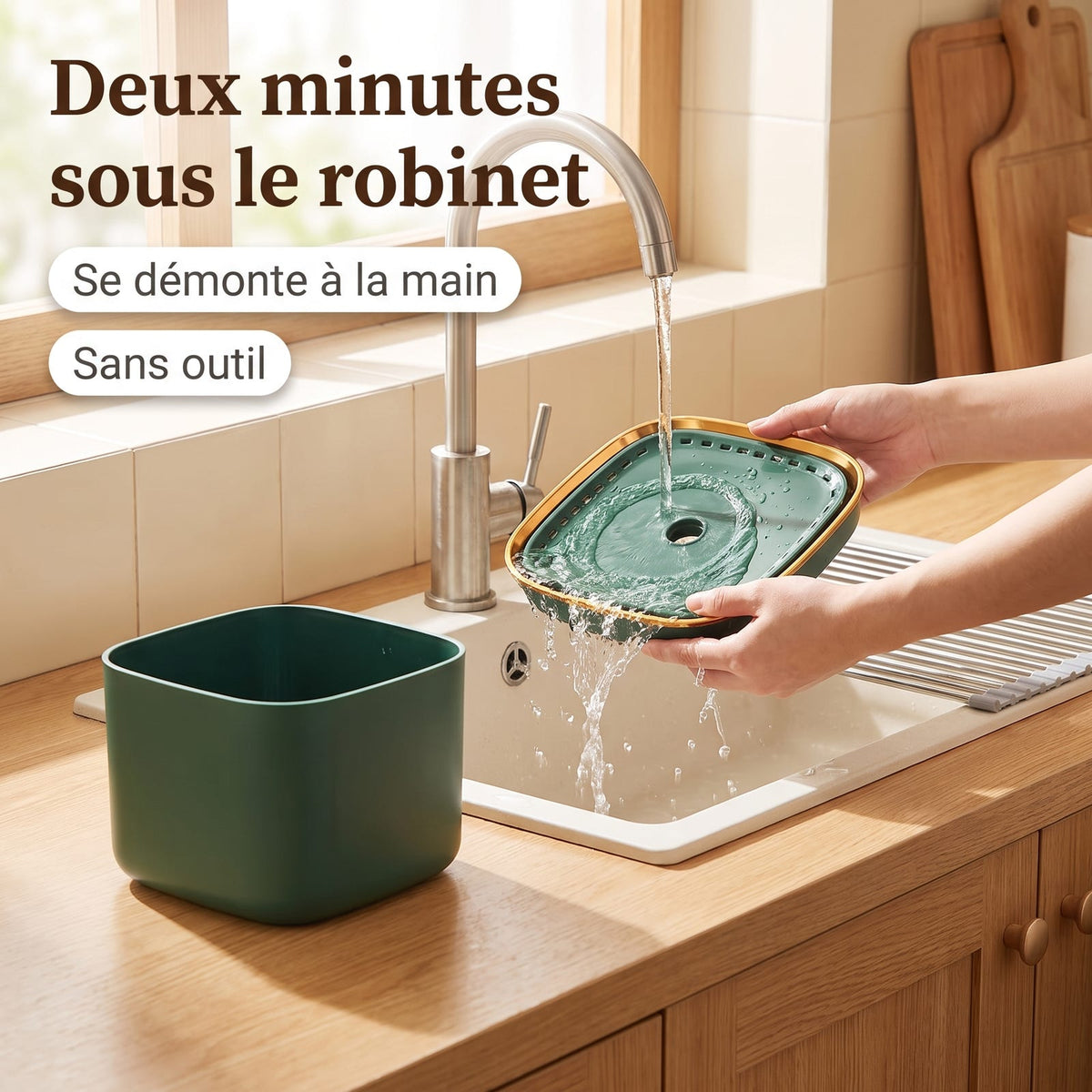 Rinçage du plateau de la fontaine à eau pour chat sous l'eau courante