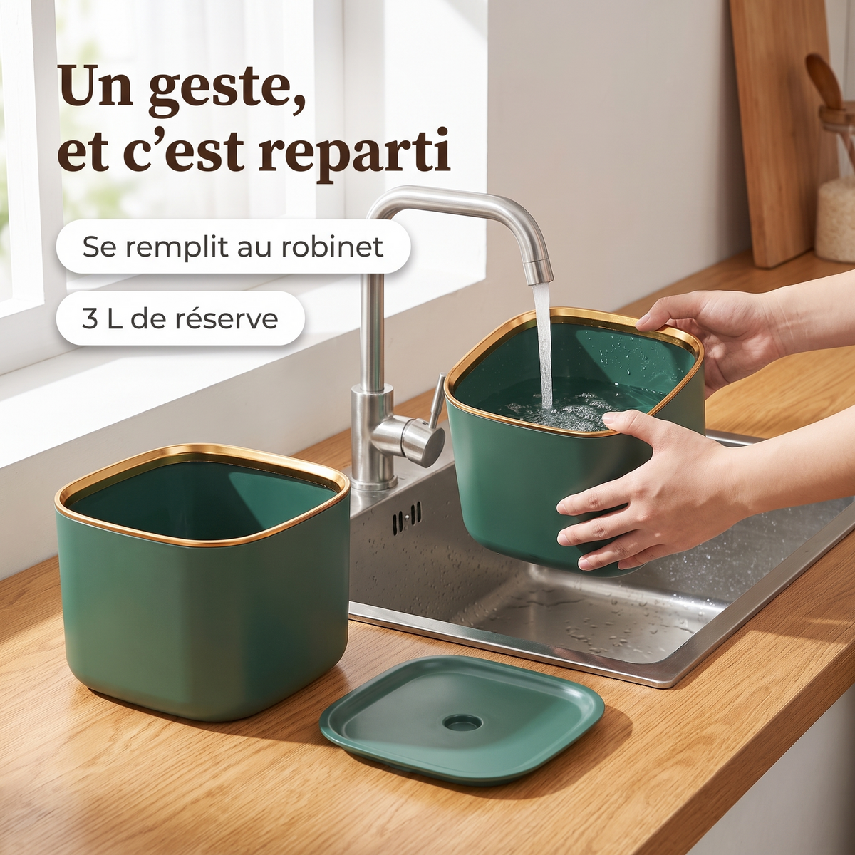 Remplissage du réservoir de la fontaine à eau pour chat au robinet de la cuisine