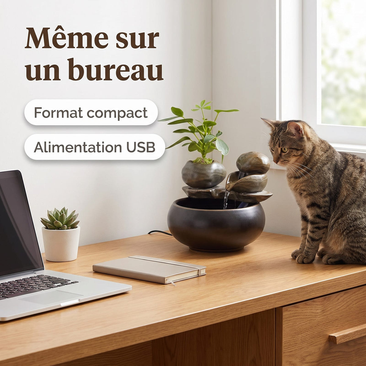 Fontaine en céramique pour chat posée sur un coin de bureau en chêne