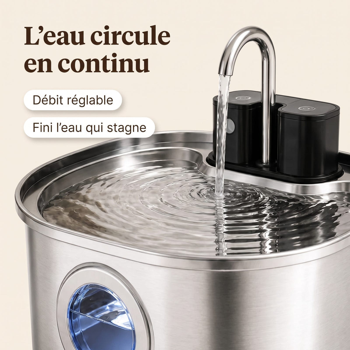 Gros plan sur l'écoulement d'eau de la fontaine en inox pour chat