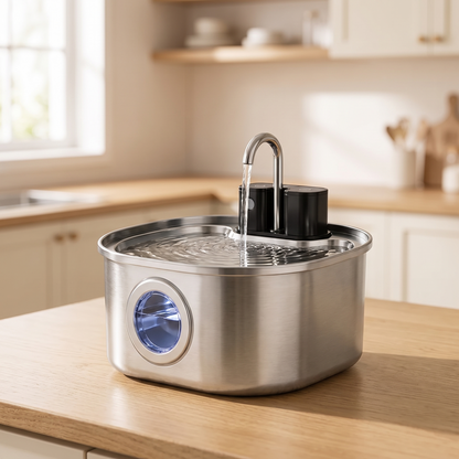 Fontaine à eau pour chat en inox 3 L sans fil posée sur un plan de travail en chêne