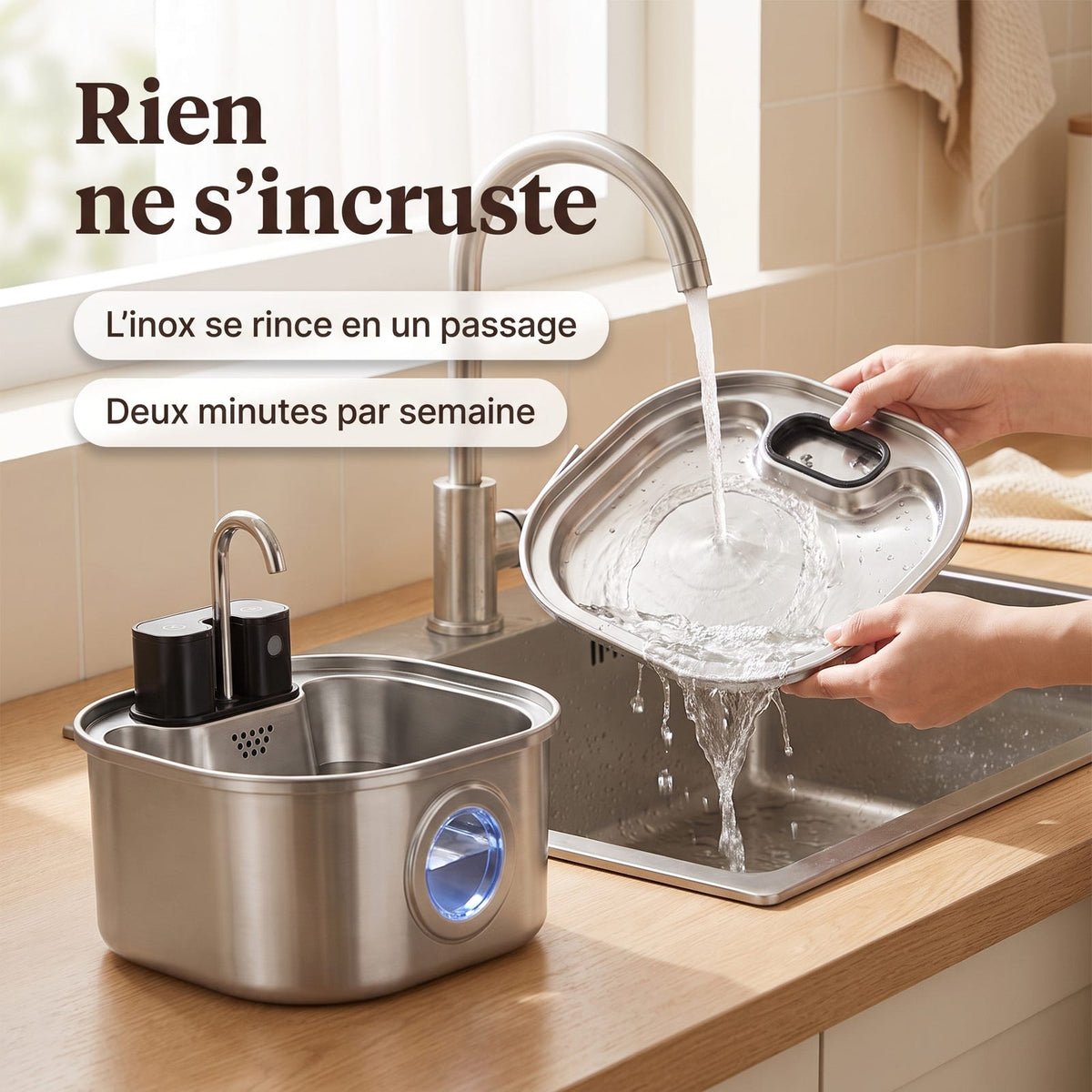 Rinçage du plateau en inox de la fontaine sous l'eau courante