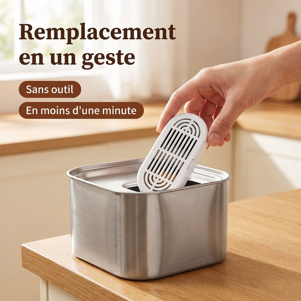 Mise en place d'une cartouche filtrante dans la fontaine en inox