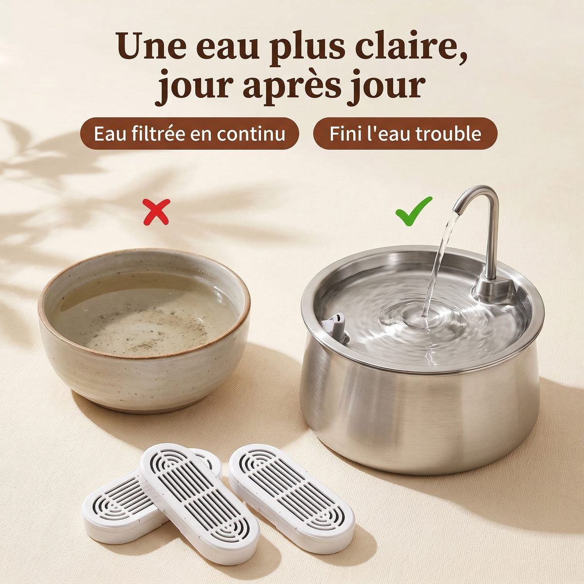 Gamelle à l'eau trouble comparée à une fontaine à l'eau claire