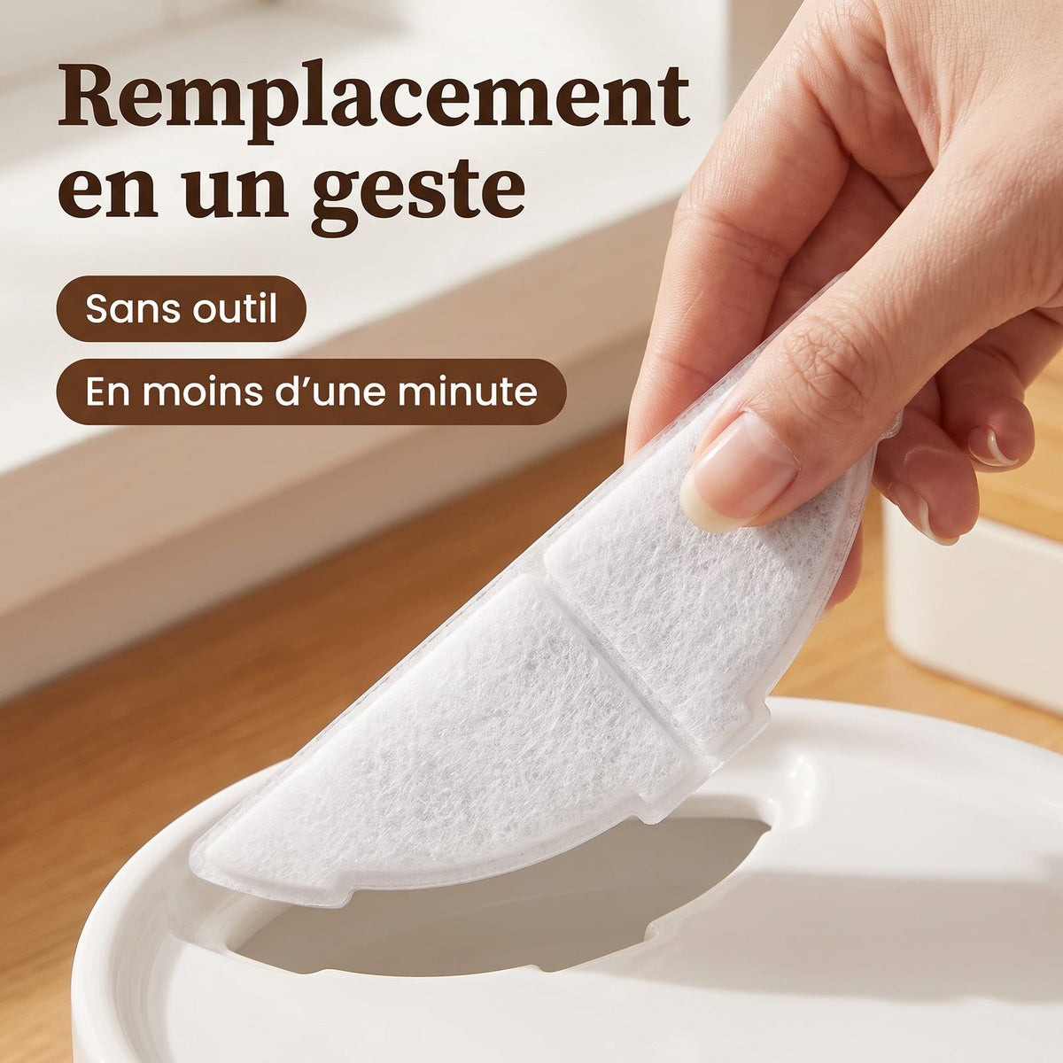 Mise en place du filtre dans le logement de la fontaine La Nomade