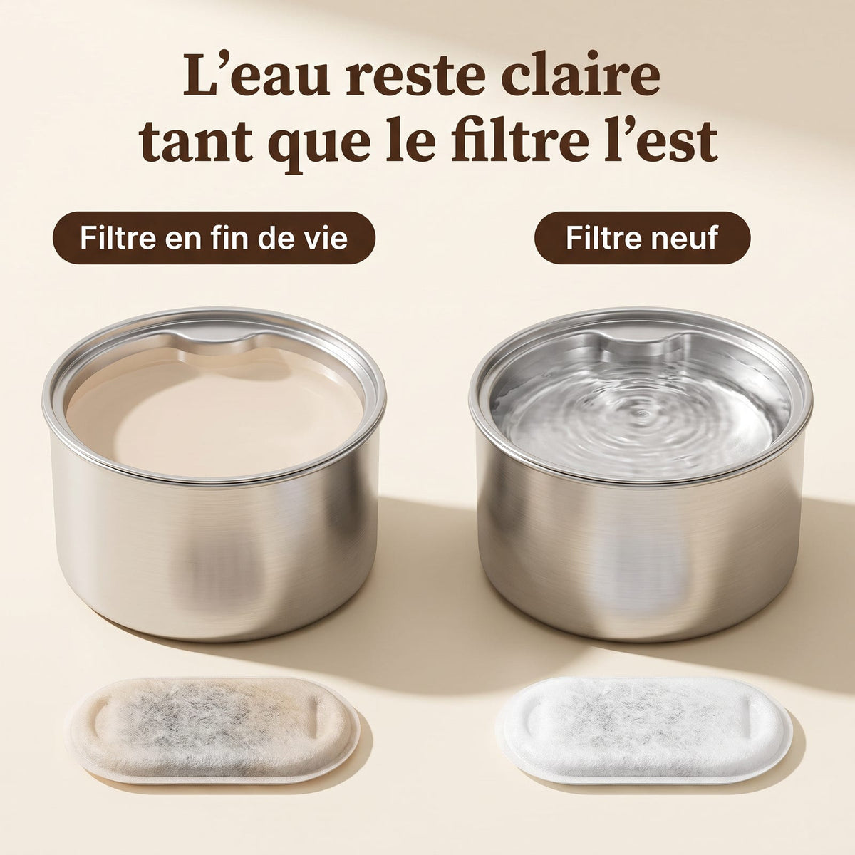 Comparaison entre une fontaine en inox à filtre usé et une fontaine à filtre neuf