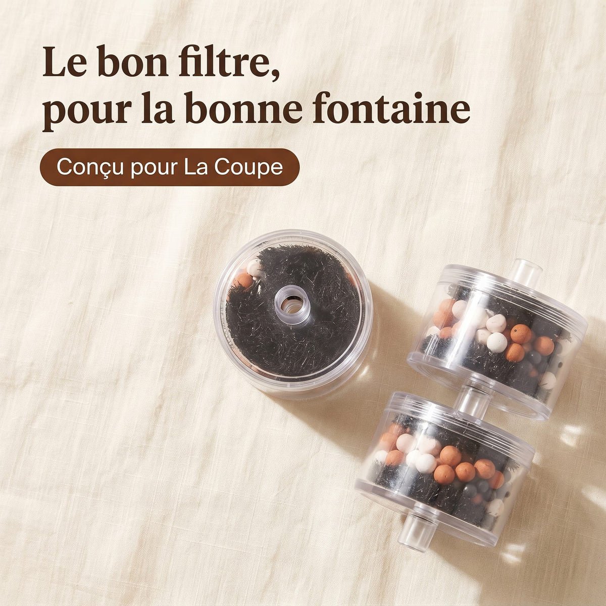 Cartouches filtrantes vues de dessus, conçues pour la fontaine La Coupe