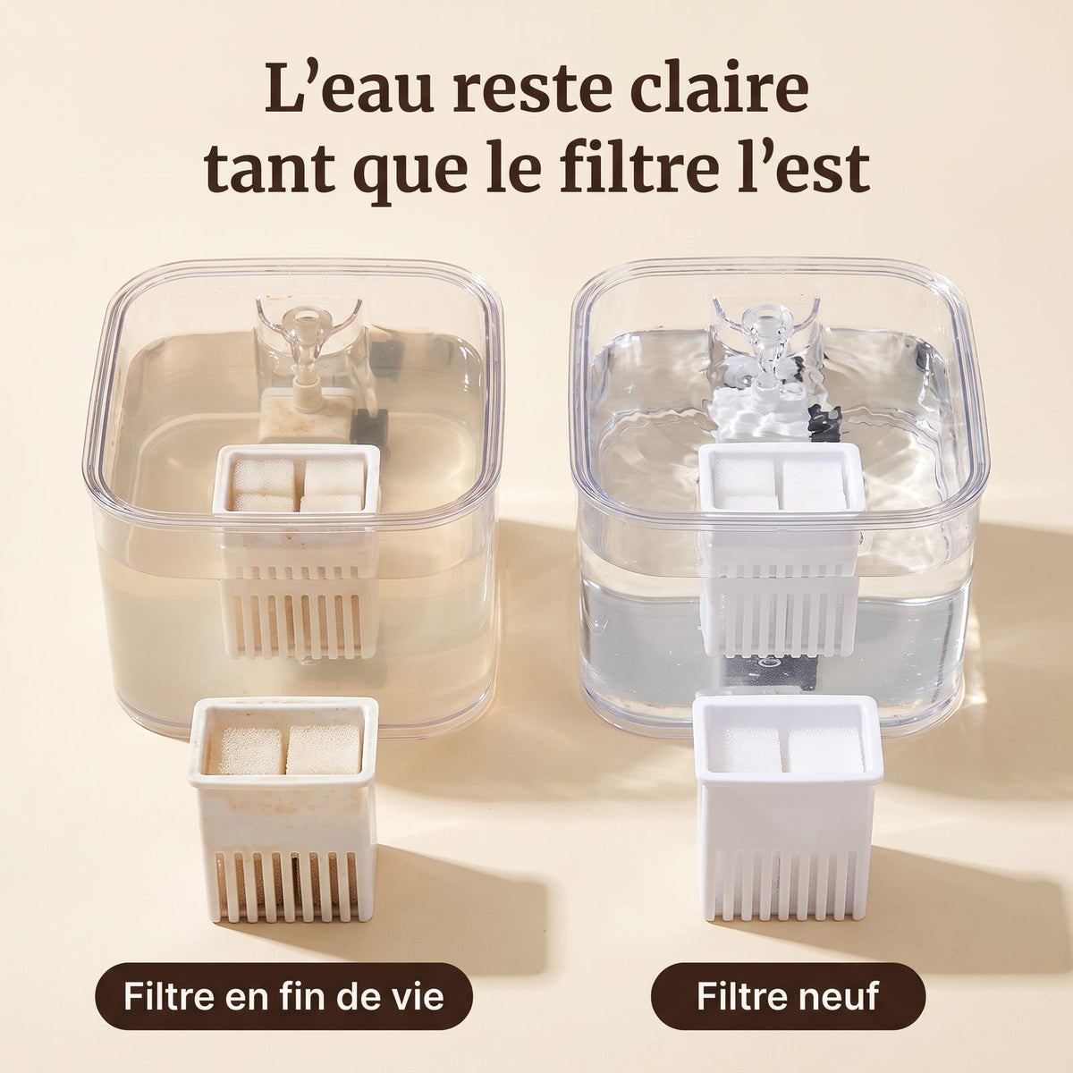 Comparaison entre une fontaine à filtre usé et une fontaine à filtre neuf