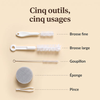 Les cinq outils du kit et leur usage, brosse fine, brosse large, goupillon, éponge et pince
