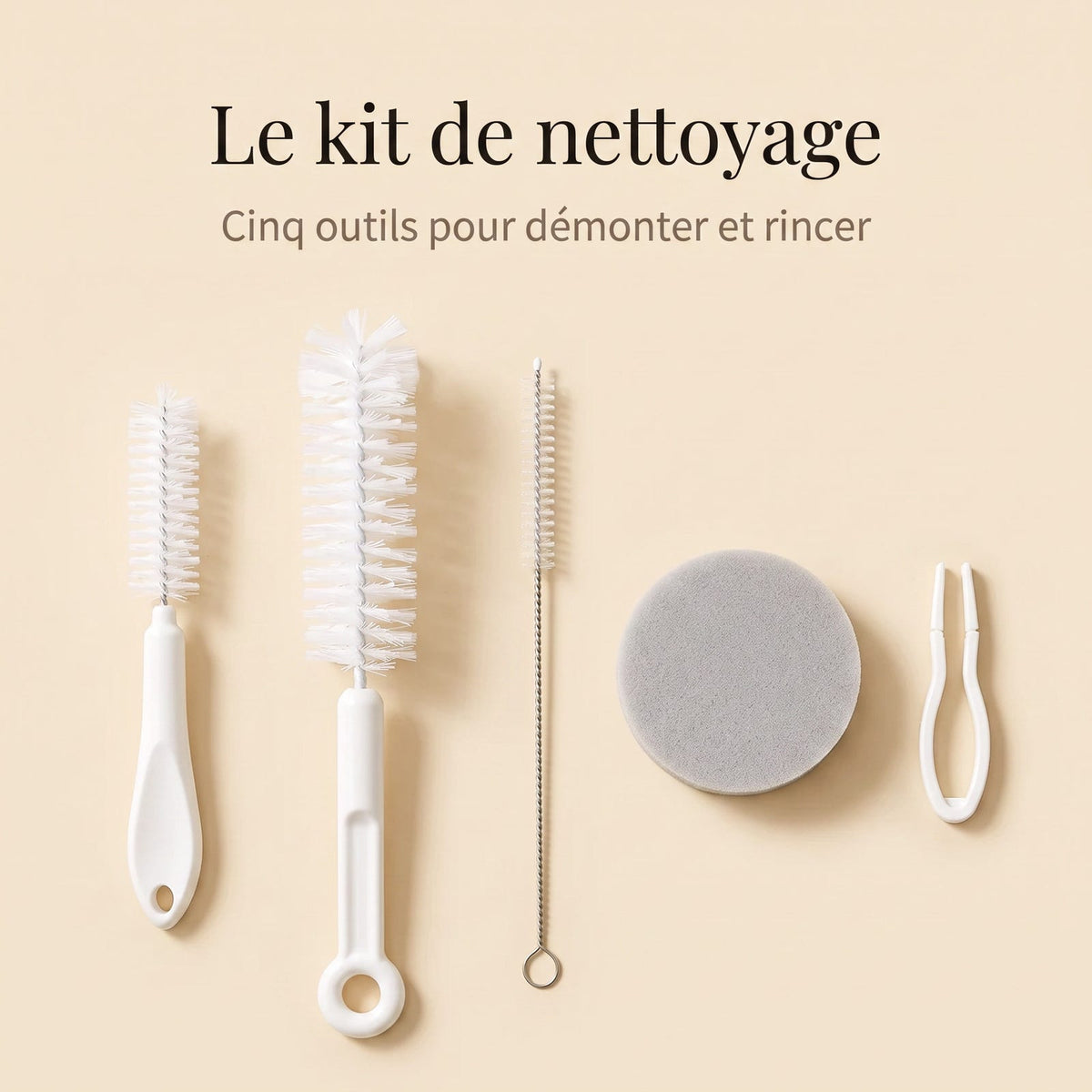Kit de nettoyage cinq outils pour fontaine à eau chat, vue à plat