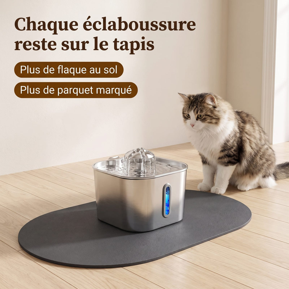 Fontaine à eau en inox posée sur le tapis imperméable, un chat à côté