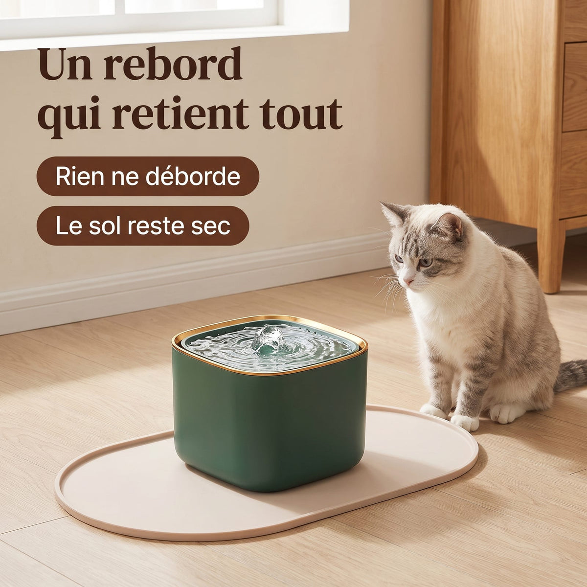 Fontaine à eau verte posée sur le tapis en silicone beige, un chat à côté