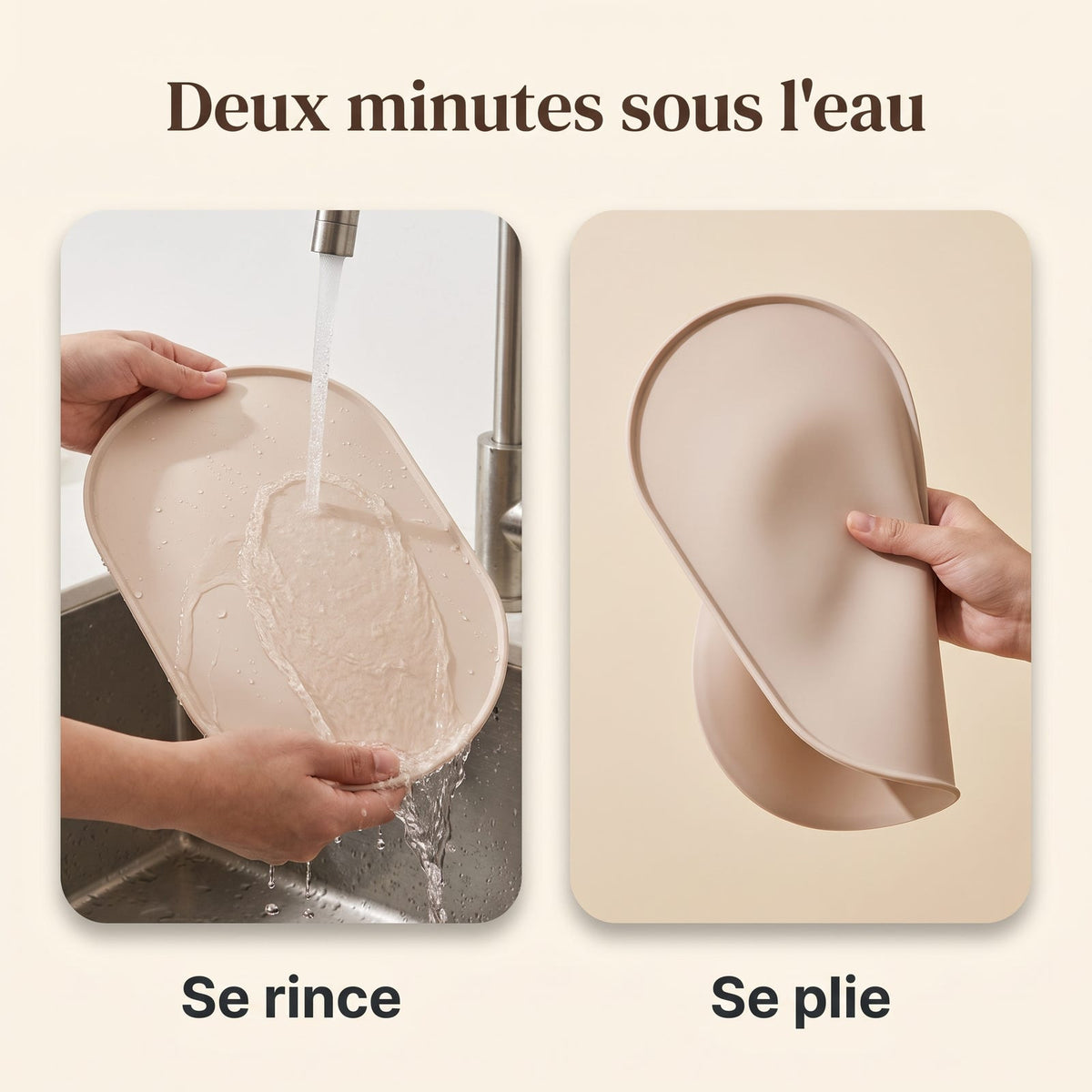 Rinçage du tapis en silicone sous l'eau courante et souplesse de la matière