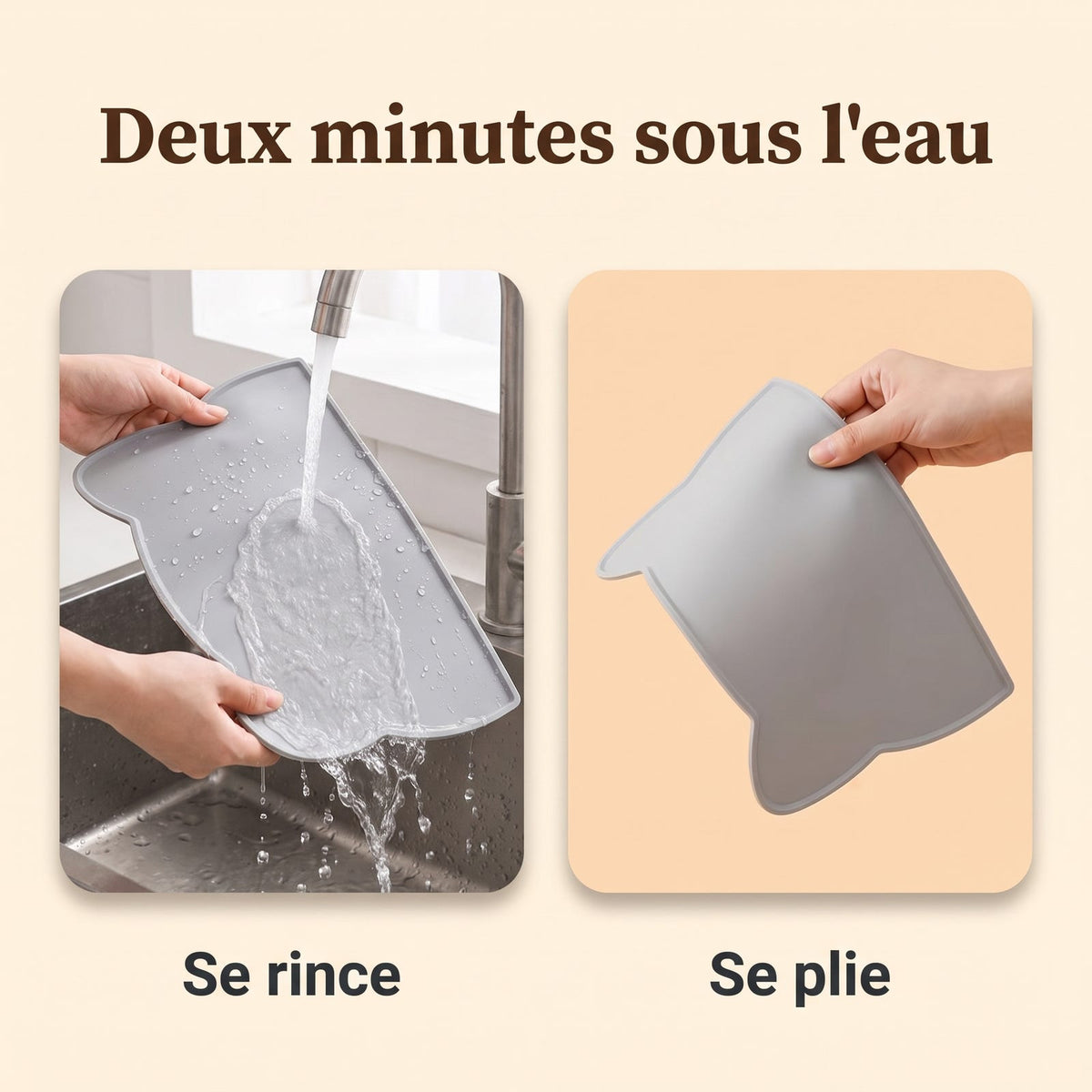 Rinçage du tapis en silicone gris et souplesse de la matière